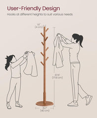 VASAGLE Solid Wood Coat Rack Free Standing Hall Coat Tree w/ 8 Hooks - Caramel Brown