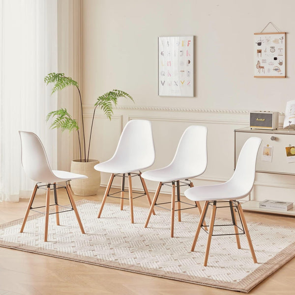 Mid-Century Set of 4 Plastic Dinning Decor Lounge Chairs w/ Beech Wood Legs - White