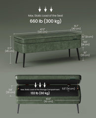 VASAGLE 47" Storage Ottoman Bench Entryway 15 Gal Leather w/ Stitching Mid-Century Modern w/ Safety Hinges - Green