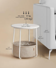 VASAGLE Small Round Side End Table Modern Nightstand w/ Fabric Basket - Matte White / Brown