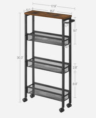 VASAGLE Slim Rolling Cart 4-Tier Narrow Storage Cart w/ Handle - Brown