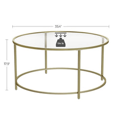 VASAGLE 35.4" Round Coffee Glass Table w/ Golden Steel Frame - Gold