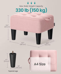 SONGMICS Foot Stool with Legs Small Footstool Ottoman Velvet Seat w/ Thick Cushion - Pink