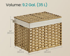 SONGMICS 9.2 Gal Storage Basket with Lid Woven Blanket Storage Bin w/ Handles - Natural