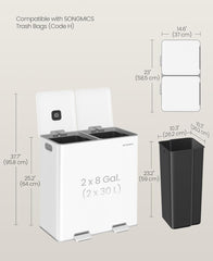 SONGMICS 2 x 8 Gallon (2 x 30 L) Double Garbage Can w/ Soft-Close Lids Removable Inner Buckets - White