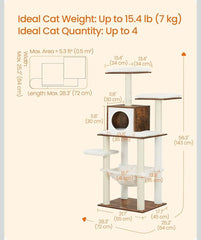 Feandrea 56" Cat Tree Modern Tower Multi-Level Plush Condo w/ Scratching Posts Hammock - Rustic Brown