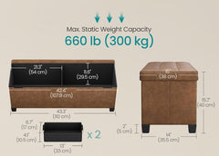 SONGMICS 43" Leather Storage Ottoman Bench w/ Legs and Storage Trays - Brown