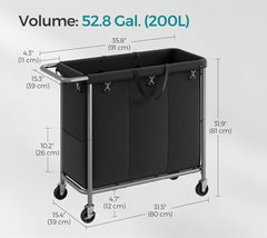 SONGMICS 52.8 Gallons (200 L) Laundry Basket 3-Section Rolling Hamper w/ Wheels - Black