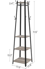 VASAGLE Coat Rack Coat Stand w/ 3 Shelves Hall Tree Free Standing w/ Hooks - Greige