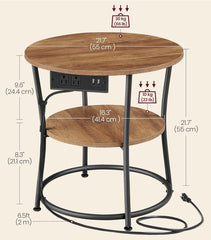 VASAGLE 21.7" Round Side 2-Tier End Table w/ Power Outlets w/ Steel Frame - Honey Brown
