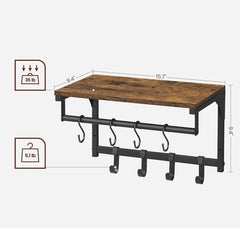 VASAGLE Laundry Room Wall Mounted Coat Rack Shelf w/ Removable Hooks - Brown