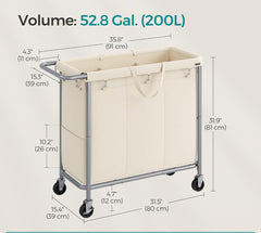Songmic 52.8 Gallons (200 L) Laundry Basket w/ Wheels 3-Section Rolling Hamper - Cream White