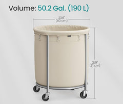 SONGMICS 50.2-Gallon (190 L) Rolling Round Heavy-Duty Laundry Hamper Cart - Cream White