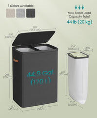 SONGMICS 44.9 Gal. Laundry Hamper w/ 2 Compartments w/ Lid and Handles - Dark Gray