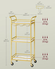 VASAGLE Bar Cart Home Serving Cart w/ 3 Tiers Kitchen Shelf w/ Wine Rack - Gold