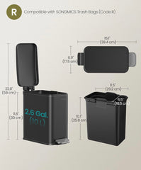 SONGMICS 2.6 Gallon (10 L) Small Bathroom Trash Can Bin w/ Lid - Black