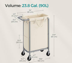 SONGMICS 23.8 Gallons (90 L) Laundry Basket Rolling Hamper w/ Wheels and Handle - Cream White