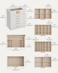 SONGMICS Jewelry Box Organizer 6-Layer Storage w/ 5 Drawers w/ Glass Lid Modern - Cloud White