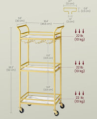 VASAGLE Bar Cart Home Serving w/ 3 Tiers Kitchen Shelf w/ Wheels - Gold *open box*