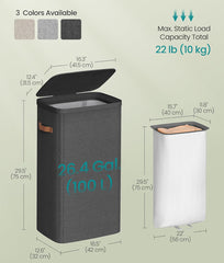 SONGMICS 26.4 Gal Laundry Hamper Removeable Liner w/ Lid and Handles - Dark Gray
