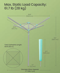 SONGMICS Umbrella Clothesline Rotary Washing Line Foldable Heavy-Duty Outdoor Clothes Drying Rack