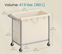SONGMICS 47.5 Gal (180 L) Laundry Basket Rolling Hamper Removable Liner w/ Steel Frame - Cream White