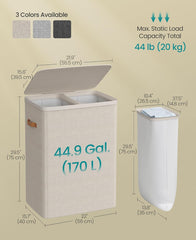SONGMICS 44.9 Gal Laundry Basket Hamper 2 Compartments w/ Lid and Handles - Beige