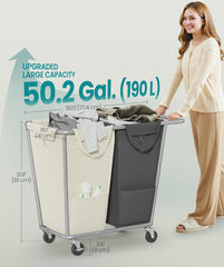 SONGMICS 50.2 Gal(190 L) 2-Section Laundry Sorter Rolling Hamper w/ Removable Bags - Cream White / Dark Gray