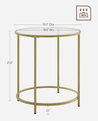 VASAGLE Round Side Glass End Table w/ Metal Frame Modern Style - Gold