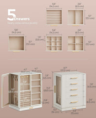 SONGMICS Jewelry Box 360° Rotating Storage Case w/ 5 Drawers Glass Window - Cloud White