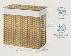 SONGMICS 130L Laundry Hamper Clothes w/ Lid and Removable Liner Bags - Natural