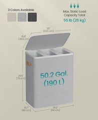 SONGMICS 50.2 Gal Laundry Basket Hamper 3 Compartments w/ Lid and Handles - Gray