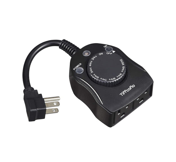 Tiffcofio Outdoor Light Sensor Weatherproof Mechanic Coutdown Timer w/ Two Outlets - Black