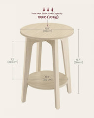 VASAGLE 2-Tier Small Round End Table Nightstand w/ Tapered Legs - Beige
