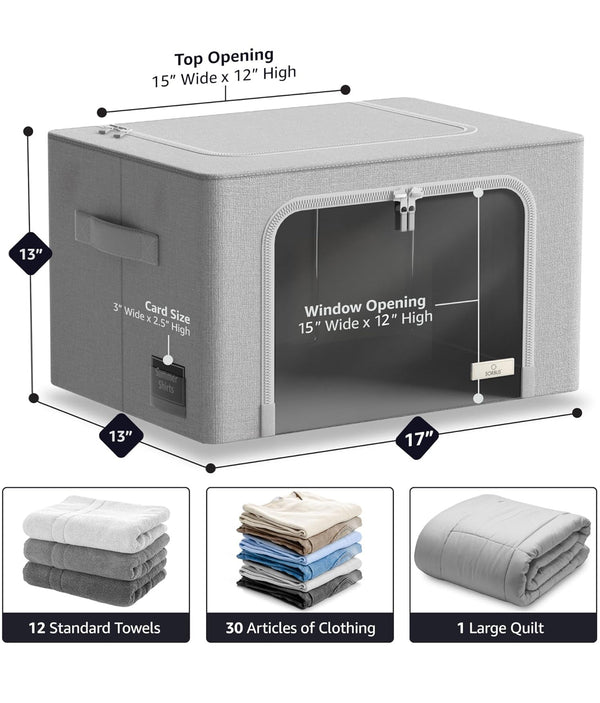 SORBUS 3pk Fabric Foldable Stackable Linens Clothing Storage w/ Metal Frame - Gray