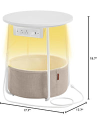 VASAGLE Side Table Charging Station Round End Fabric Basket w/ LED Nightstand USB Ports - White