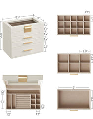 SONGMICS Jewelry Box Organizer 4-Layer Storage 3 Drawers Metal Hardware Glass Lid - White