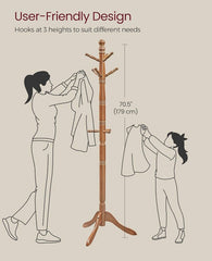 VASAGLE Solid Wood Coat Tree Rack and Stand Free Standing Hall w/ Hooks - Dark Walnut