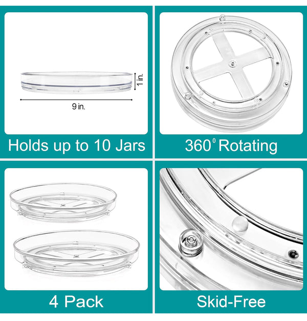 SORBUS 4pk Clear Acrylic 9" Flat Clear Lazy Susan Turntable Orgainizer