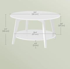 VASAGLE Round Coffee Table 2-Tier Center Table w/ Storage Tapered Legs - White