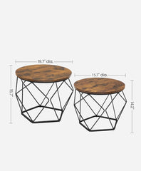 VASAGLE Small Round Coffee Table w/ Steel Frame Set of 2 - Brown