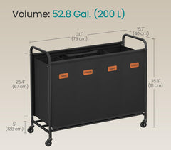 SONGMICS 4-Section Laundry Sorter Hamper w/ Wheels - Black
