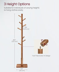 VASAGLE Solid Wood Coat Rack Square Base Free Standing Hall Tree w/ Hooks - Walnut