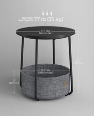 VASAGLE Small Round Side End Table Modern Nightstand w/ Fabric Basket - Ebony Black / Slate Gray
