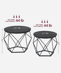 VASAGLE Small Round Coffee Table w/ Steel Frame Set of 2 - Charcoal Gray and Ink Black