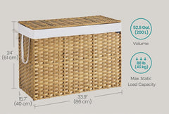 SONGMICS 52.8gal (200 L) Laundry Hamper Rattan Clothes Basket w/ Lid and Handles - Natural