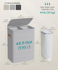 SONGMICS 44.9 Gal Laundry Hamper w/ 2 Compartments w/ Lid and Handles - Gray