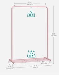 SONGMICS Clothing Metal Garment Rack w/ Wheels and Dense Mesh Storage Shelf - Pink