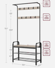 VASAGLE Coat Rack Hall Tree Shoe Bench Entryway w/ Coat Rack - Greige / Black