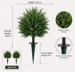 Artificial Cedar Topiary Ball Tre w/ Ground Spike UV Resistant Artificial Outdoor Plants Set of 2